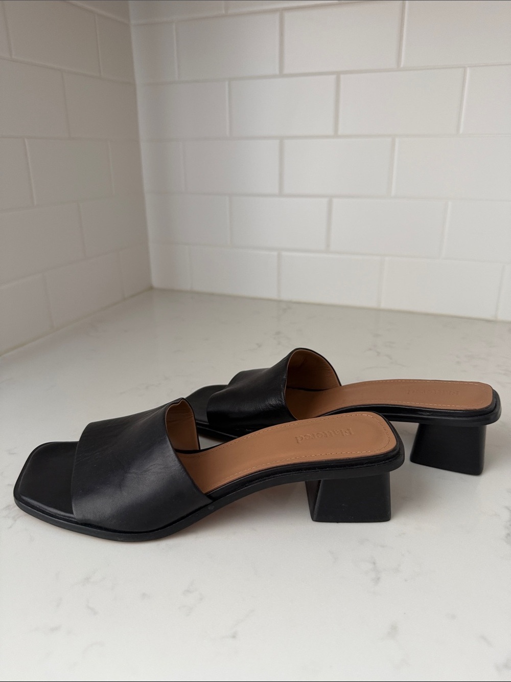 Flattered Black Leather Low Block Heel Slide Sandals